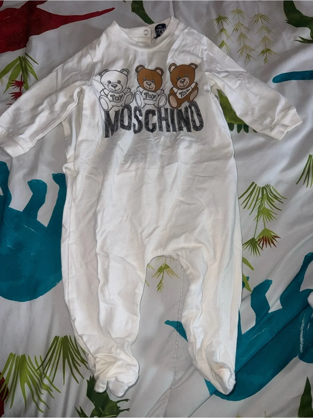 Moschino White Baby Footie with Teddy Bear Trio